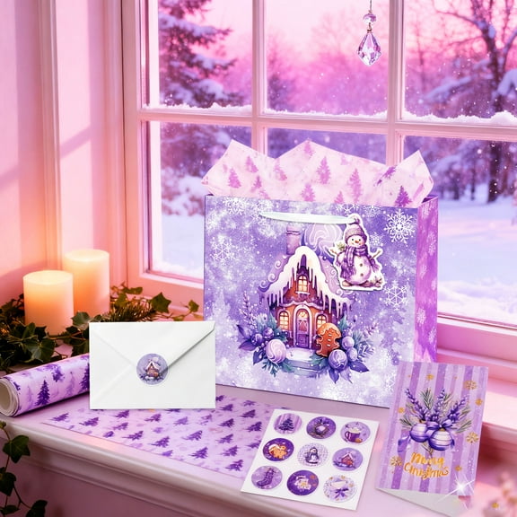 Purple Christmas Gift Wrapping Set - Custom All-in-One Kit with 3D Stickers, Glitter Design for Holiday Parties & Gift Exchanges