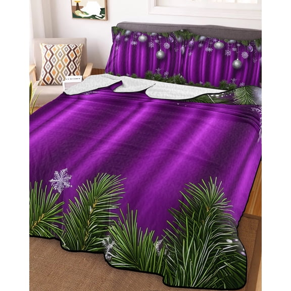 Purple Christmas King Size Down Alternative Comforter, Lightweight Comforter Quilt Bedding Set with Pillow Shams Xmas Balls Botanical Snowflake All Seasons Bed Comforter Duvet Insert 96"x106"