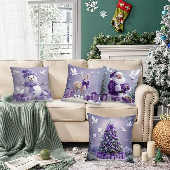 Purple Christmas Pillow Covers - Set of 4, Linen Material, Merry Christmas Tree Prints, Winter Decorative Cushion Cases for Indoor Bedroom, Sofa & Xmas Couch Holiday Decor，Purple