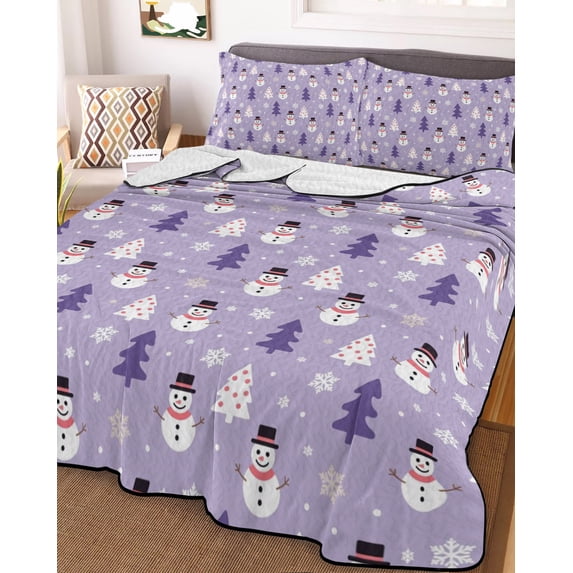 Purple Christmas Snowman Full Size Down Alternative Comforter, Lightweight Comforter Quilt Bedding Set with Pillow Shams Winter Snowflakes Xmas Trees All Seasons Bed Comforter Duvet Insert 78"x90"