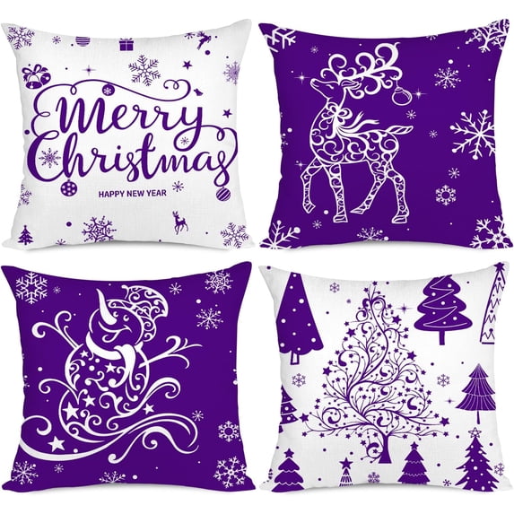 Purple Christmas Throw Pillow Covers 16x16 Set of 4 Christmas Decoration Trees Deer Snowman Merry Christmas Decorative Holiday Farmhouse Pillow Covers for Holiday Christmas Decoration