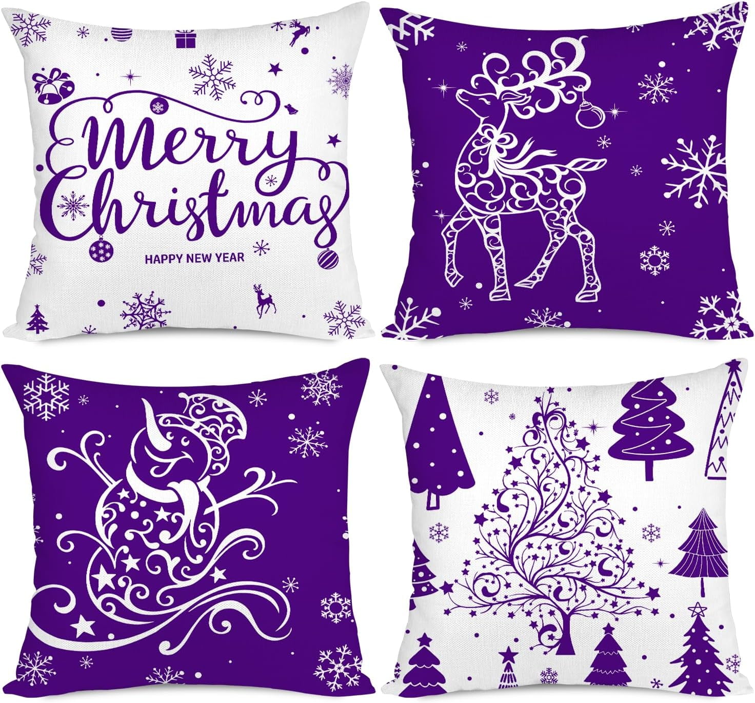 Purple Christmas Throw Pillow Covers 18x18 Set of 4 Christmas Decoration Trees Deer Snowman Merry Christmas Decorative Holiday Farmhouse Pillow Covers for Holiday Christmas Decoration