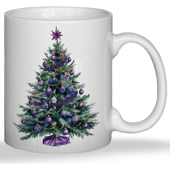 Purple Christmas Tree Mug, Christmas Purple Bauble Ornament Coffee Cup, Xmas Tree Winter Holiday Ceramic Coffee Tea Mug 11 oz