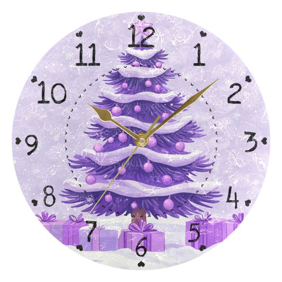 Purple Christmas Tree Presents Round Wall Clock Silent Analog Battery Operated Gold Pointer Home Decor 9.84" Diameter