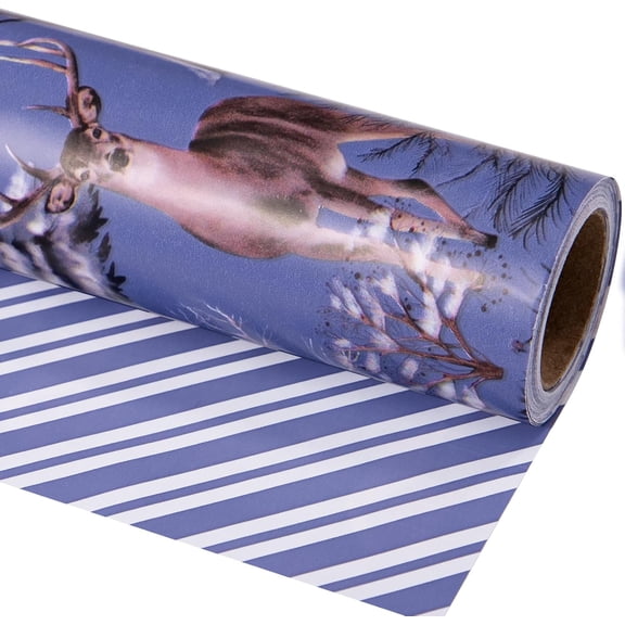 Purple Christmas Wrapping Paper, Winter Cabin Scene with Fox Deer Wolf, Diagonal Stripe Reversible Design for Christmas, Holiday, Party, 17 inches x 32.8 Feet