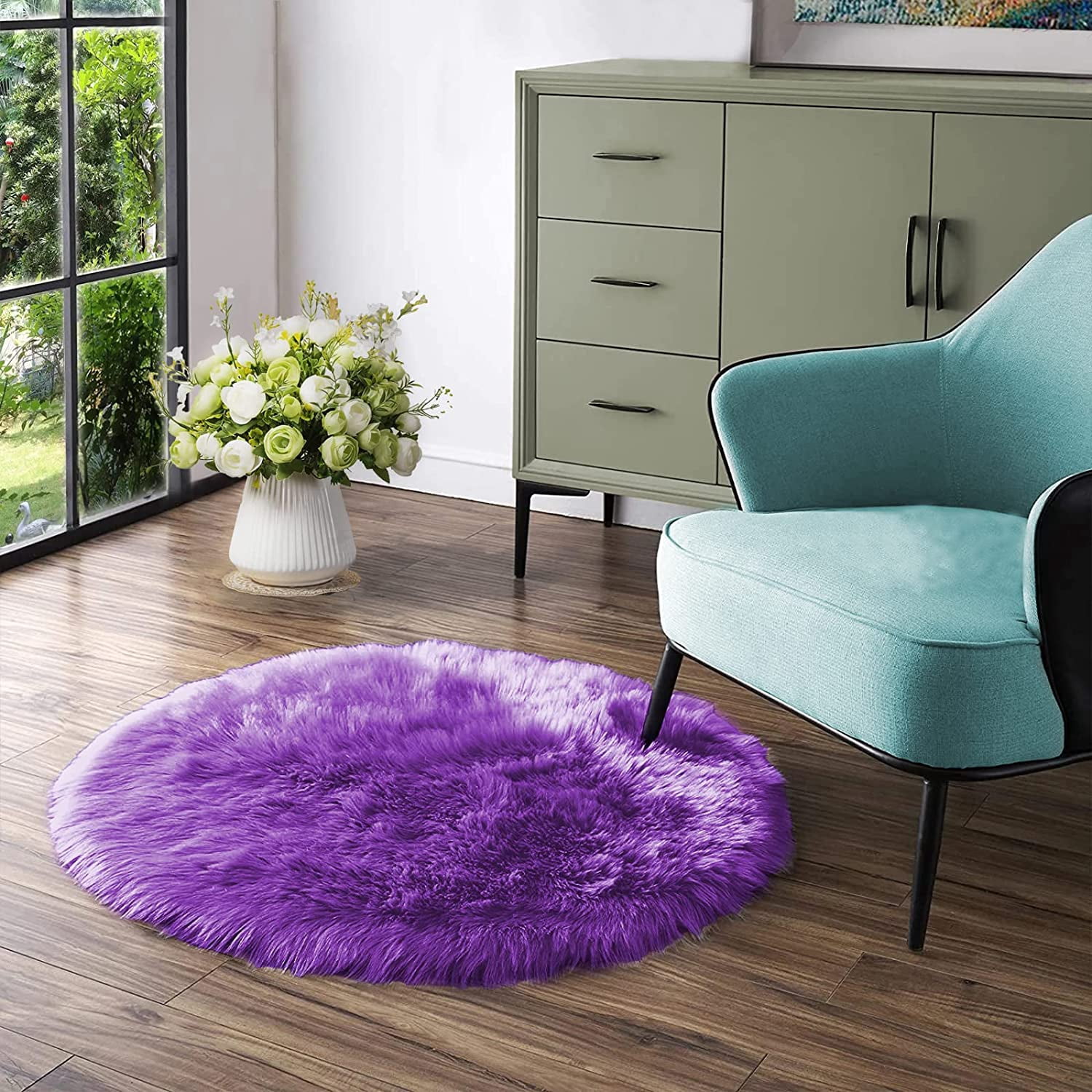 Purple Circle Rug Round Rug 4ft Faux Fur Rug Fluffy Shag Rug Machine ...