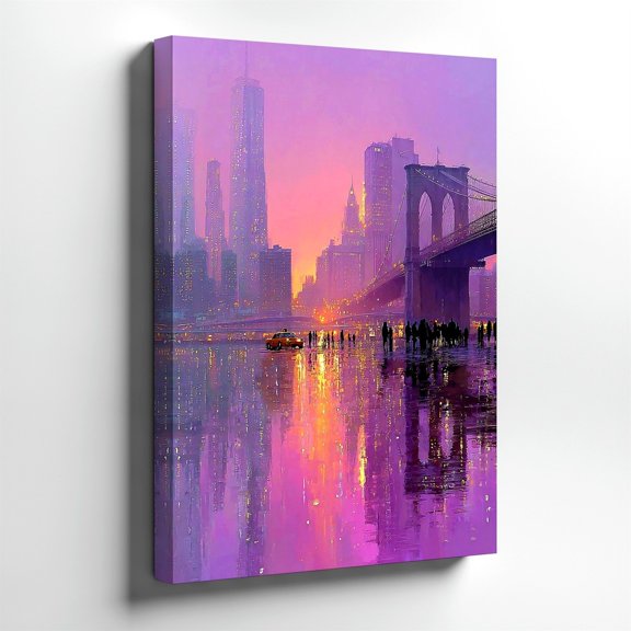 Purple City Skyline Bridge Reflection Sunset Urban Landscape Wall Art Print, Living Room And Gallery Wall Decor