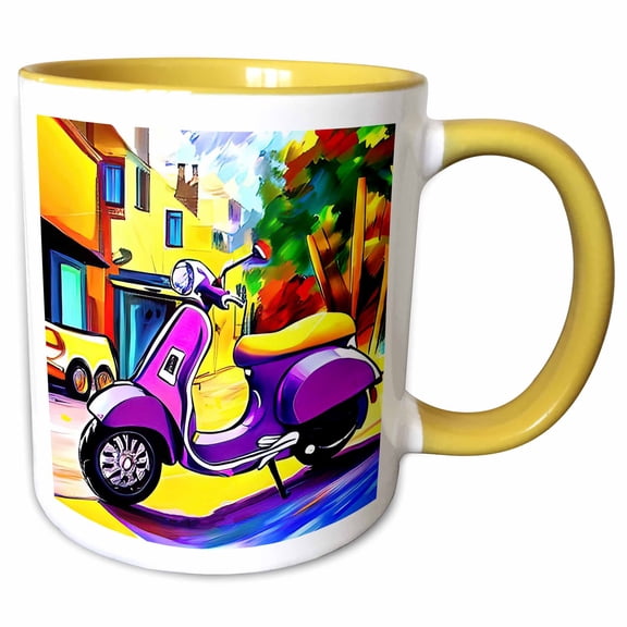 3drose, Purple Classic Scooter, Yellow Houses. Vibrant Digital Art Colors, 11oz Two-tone Yellow Mug