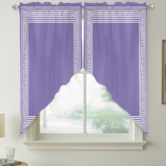 Purple Classical Greek Back Key Pattern Border Swag Valances for Windows, Rod Pocket Short Curtains, Machine Washable Kitchen Window Topper for Bathroom Living Room, 28 x 36 Inch, 1 Pair