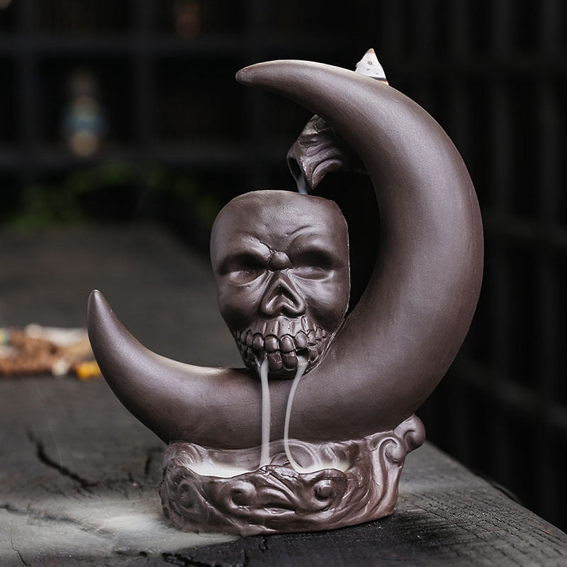 Purple Clay Moon Shape Backflow Incense Burner Creative Halloween Skull Head Smoke Sandalwood Incense Holder Home Decor