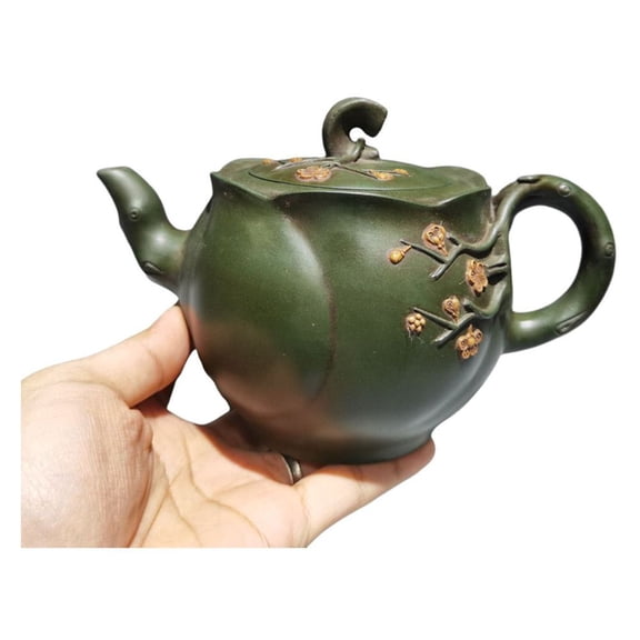 Purple Clay Tea Set Teapot Ceremony Drainer Etched Design Embossed Floral Decoration Raised Blossom Melon Ribbed Shape
