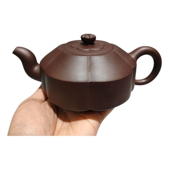 Purple Clay Tea Set Teapot Ceremony Drainer Handmade Artisan Crafted Intricate Ribbed Symmetrical Fluted Petal Shaped Lobed Art