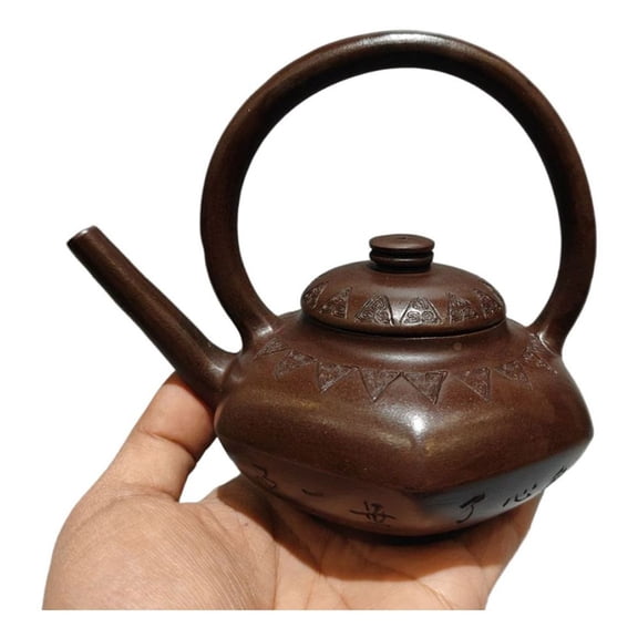 Purple Clay Tea Set Teapot Ceremony Drainer Hexagonal Six Sided Yoke Handle Flat Body Low Profile Relief Geometric Pattern Plum