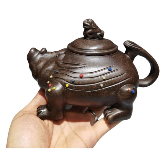 Purple Clay Tea Set Teapot Ceremony Drainer Sculpted Legendary Creature Mythical Beast Shaped Inlaid Beaded Longevity Themed