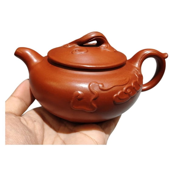 Purple Clay Tea Set Teapot Ceremony Drainer Vessel Rounded Shape Curved Design Smooth Contour Artisan Embossed Cloud Motif