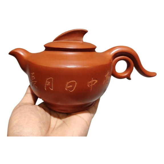 Purple Clay Teapot Gongfu Strainers Bamboo Curved Swirling Winding Handle Carved Engraved Calligraphy Painted Detailed Art