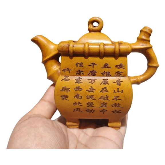 Purple Clay Teapot Gongfu Strainers Bamboo Stone Carved Engraved Etched Incised Square Motif Vessel Jar Collectible