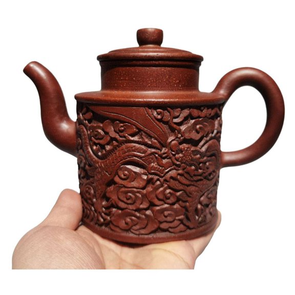 Purple Clay Teapot Gongfu Strainers Carved Intricate Regal Dragon Scroll Relief Cylindrical Cloud Straight Detailing Gift