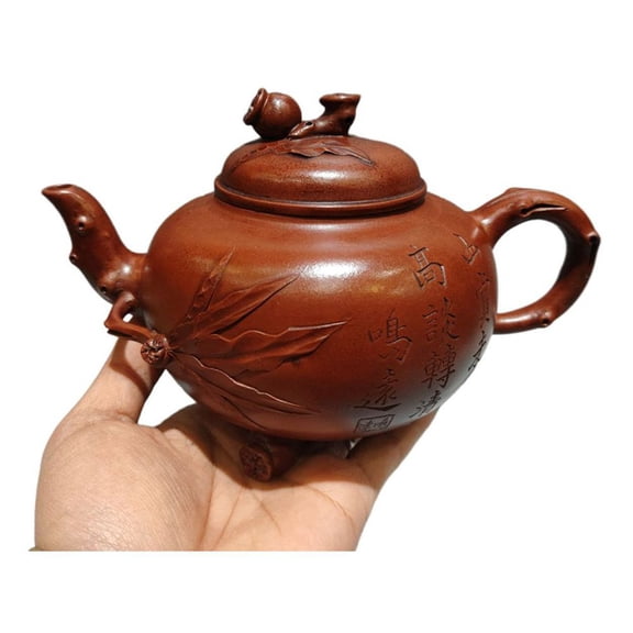 Purple Clay Teapot Gongfu Strainers Engraved Carved Bionic Sculpture Pomegranate Branch Shape Leaf Pattern Calligraphy Rare