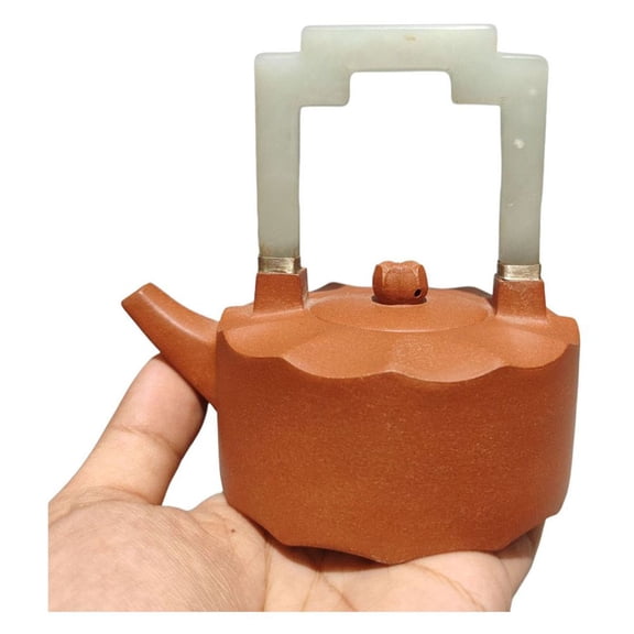 Purple Clay Teapot Gongfu Strainers Lotus Knob Metal Trim Jade Inlaid Carved Seal Bridge Handle Petal Shaped Scalloped Edge