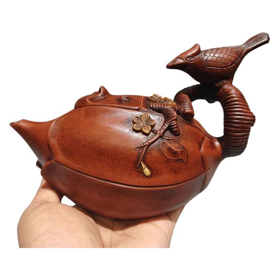 Purple Clay Teapot Gongfu Strainers Magpie Handpainted Gilded Sculpted Carved Embossed Flower Curved Intricate Detailed Figurine