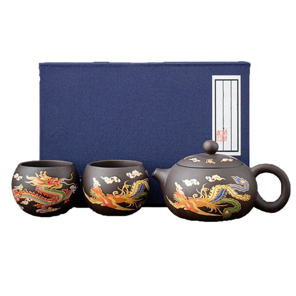 Purple Clay Teapot Set, Handmade Teapot with Dragon and Phoenix Color Changing Kung Fu Chinese Teapot Color with 2 Cups for Tea Lovers