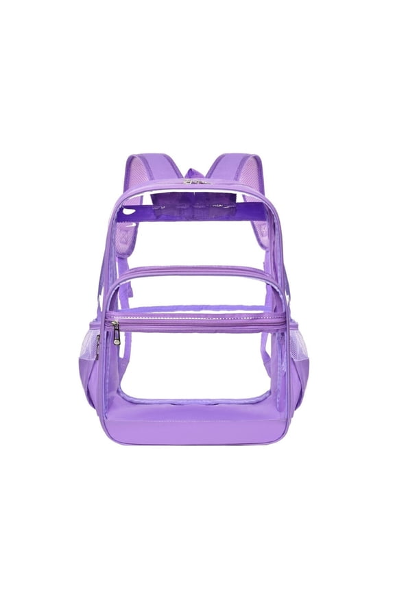 Purple Clear Backpack Transparent Bookbag Solid Fabric Base Front Zipper Pocket Side Mesh Water Bottle Pockets Adjustable Padded Shoulder Straps See Through Backpack for School Concert Sports Travel
