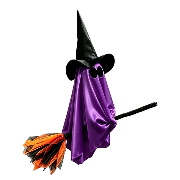 Purple Cloth Ghost Riding Broom Hanging Decoration with Button Battery, Single Witch Hat Ghost Ornament, Lightweight Dual Display for Table or Hanging, Spooky Halloween Party Decor