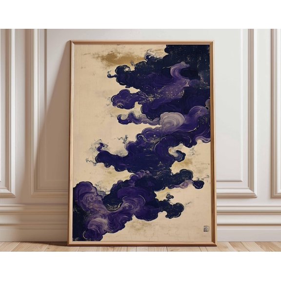 Purple Cloud Abstract Japanese Style Purple Swirls Wall Art Print, Unframed Paper Poster 8x10in