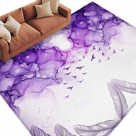 Purple Cloud Area Rug, Mystical Dreamy Gradient Abstract Birds Feather Rectangular Non-Slip Absorbent Washable Area Rug Felt Rubber Backing Indoor Carpet for Bedroom Living Room 6x9ft