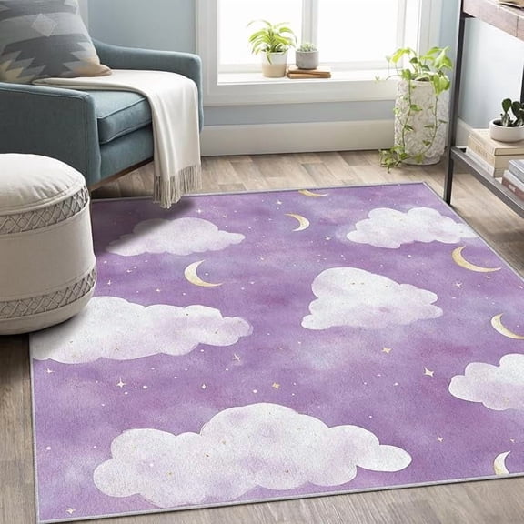 Purple Cloud Rug, Moon Star Area Rug Washable,Kids Girls Rugs for Living Room, Bedroom,Cloud Pattern Carpet Home Decor, Non Slip 3 x 4ft