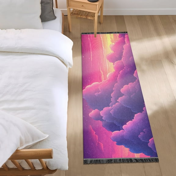 Purple Clouds Cartoon Bedroom Runner Rug 2'x 6' Non Slip Carpet Indoor Home Area Rug Living Room