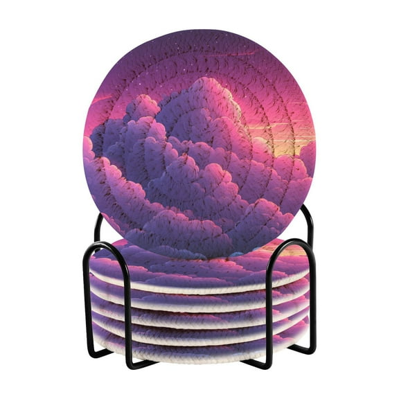 Purple Clouds Cartoon Drink Coasters with Holder Absorbent Coaster for Coffee Table Room Decor 6 Pack