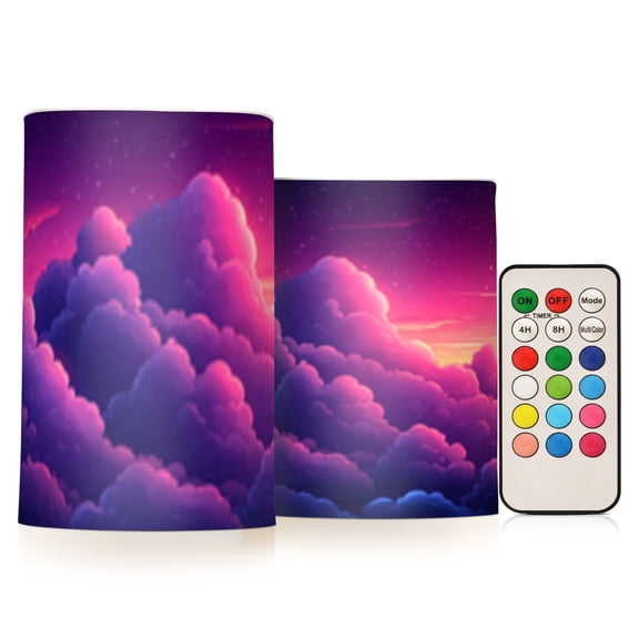 Purple Clouds Cartoon Flickering Flameless Candles Battery Operated with Remote Timer LED Pillar Candles Set of 2