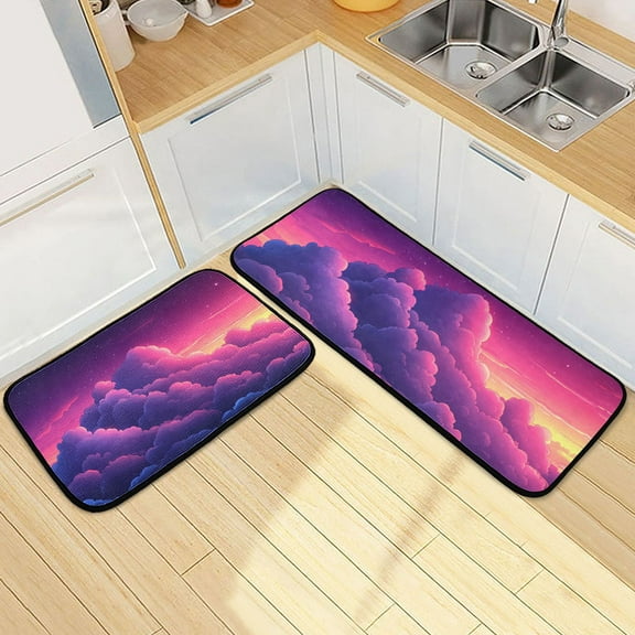 Purple Clouds Cartoon Kitchen Mat Set of 2 Cushioned Non Slip Rugs for Bedroom Floor Runner Mats