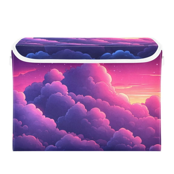 Purple Clouds Cartoon Large Storage Bins with Linen Collapsible Lid Storage Box 16.7 x 12.6 x 11.8in