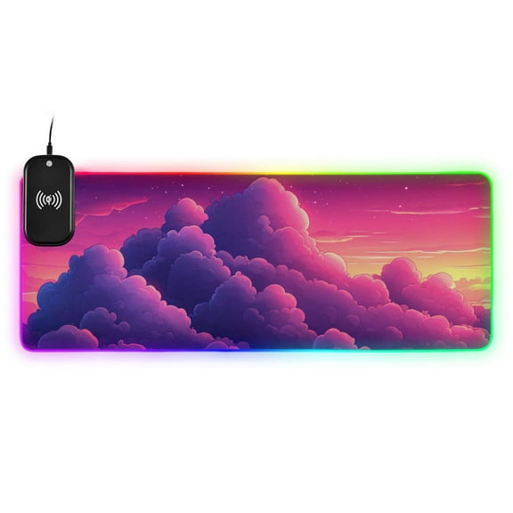Purple Clouds Cartoon Wireless Charging RGB Gaming Mouse Pad Large Keyboard Mat Rubber Base 13 Light Modes