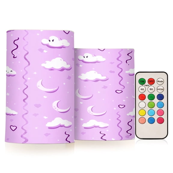 Purple Clouds Design Flameless LED Candle Set with Remote, Battery Operated Color Changing Pillar Candles, Set of 2