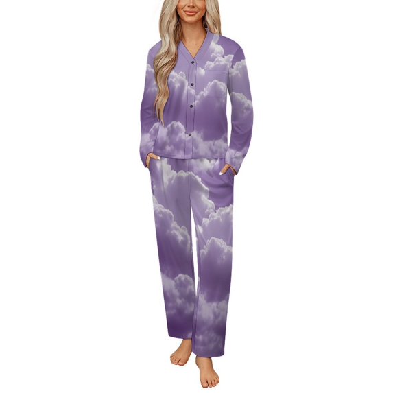 Purple Cloudy Sky Print Womens Pyjamas Set Button Up Pyjamas Womens with Long Sleeve Top And Wide Leg Pants V-neck Loungewear Sets