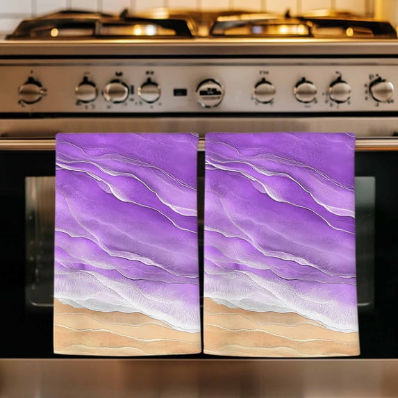 Purple Coastal Beach Kitchen Towels Set of 2, Summer Nautical Ocean Beige Seaside Absorbent Dish Towels for Kitchen, Microfiber Hand Towel, Quick Drying Tea Towel for Cleaning Decorative Dishcloths