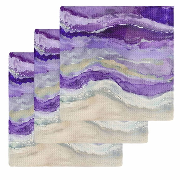 Purple Coastal Dish Towels Set, Waffle Weave Kitchen Towels 3 Pieces, Summer Beach Nautical Abstract Art Microfiber Hair Face Bath Tea Towel Absorbent Quick Drying Cleaning Dish Cloths 12"x12"