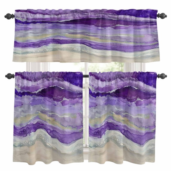 Purple Coastal Kitchen Curtains Sets for Windows 24 Inch Length, Summer Beach Nautical Abstract Art Rod Pocket Window Treatments Tier Curtains and Valances Set for Bedroom/Bathroom