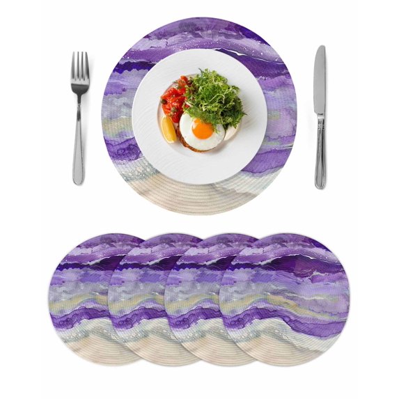 Purple Coastal Round 13 Inch Placemats Set of 4, Summer Beach Nautical Abstract Art HeatResistant Non Slip Place Mats for Dining Table, Wipeable Braided Kitchen Table Mats for Housewarming