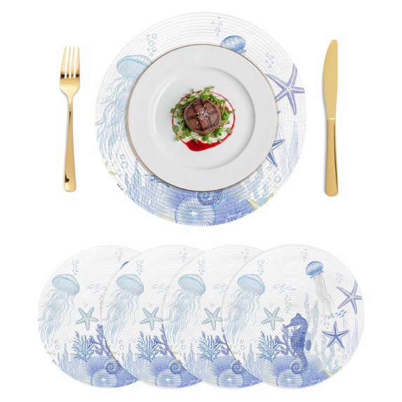 Purple Coastal Round 15 Inch Placemats Set of 4, Summer Ocean Coral Jellyfish Seahorse Starfish HeatResistant Non Slip Place Mats for Dining Table, Wipeable Kitchen Table Mats for Housewarming
