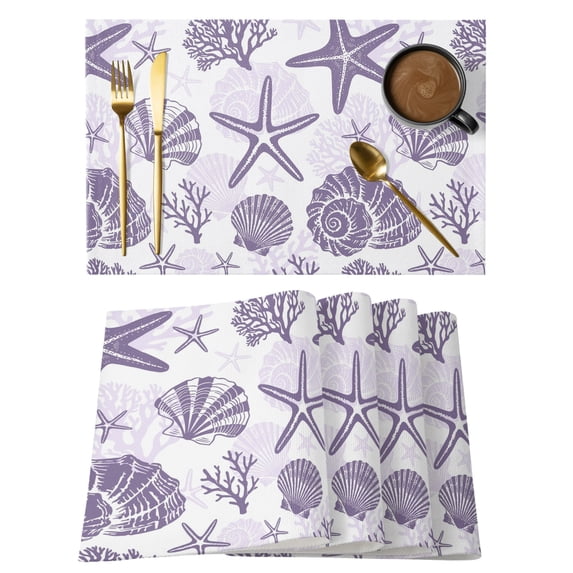 Purple Coastal Summer Placemats Set of 12 Coral Shell Starfish Nautical Place Mats Indoor Wipeable Table Mats Washable Cloth Dining Table Placemats for Kitchen Holiday Party Home Decor 13x19 Inch