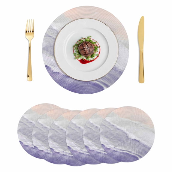 Purple Coastal Wave Round 13 Inch Placemats Set of 6, Summer Modern Ocean Beach HeatResistant Non Slip Place Mats for Dining Table, Wipeable Braided Kitchen Table Mats for Housewarming