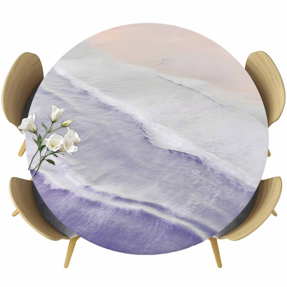 Purple Coastal Wave Round Tablecloth, Fitted Table Cover with Elastic for 45"-54" Round Tables, Summer Modern Ocean Beach Table Cloth Outdoor Indoor Dinning Party Waterproof Tablecloths