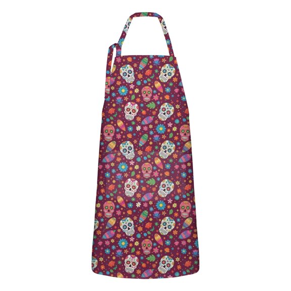 Purple Colorful Skull Flower Pattern Apron-Garden Aprons for Women with Pockets-Cotton Linen Waterproof Kitchen Cooking Gardening Aprons Adjustable for Kitchen,Cooking,BBQ and Salon 33x27 Inch