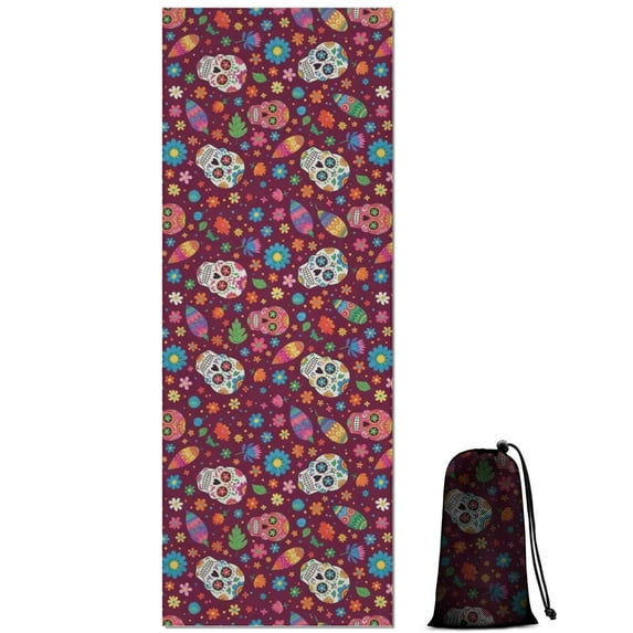 Purple Colorful Skull Flower Pattern Hot Yoga Mat Towel Non Slip for Hot Yoga - Quick-Drying Yoga Mat Cover with 4 Corner Pockets with Travel Bag - Hot Yoga Towel Non Slip 70"x26"