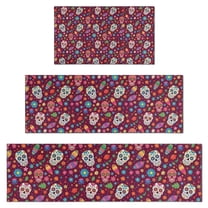 Purple Colorful Skull Flower Pattern Kitchen Rugs Sets Of 3,Kitchen Runner Rugs Non Skid Washable,Decorative Kitchen Floor Mats for Kitchen,Sink,Laundry,17"x30"  17"x47"   17"x59"